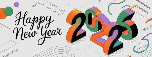 happy new year 2026 text design with modern calligraphy and abstract geometric background style. Creative Greeting card banner for 2026 colorful block numbers. Latest isometric Vector illustration.
