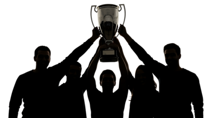 Group of people, holding up a silver trophy in celebration, cutout, PNG isolated on white or transparent background