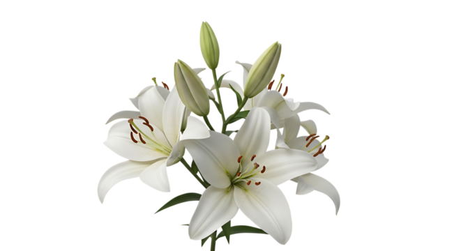 Cluster of white lilies, unopened buds and green stems white lily, isolated on white or transparent background, AI