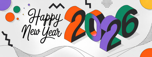 happy new year 2026 text design with modern calligraphy and abstract geometric background style. Creative Greeting card banner for 2026 colorful block numbers. Latest isometric Vector illustration.