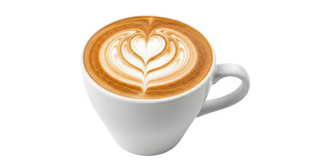 A cup of cappuccino, showcasing latte art with a heart design