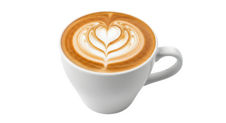 A cup of cappuccino, showcasing latte art with a heart design