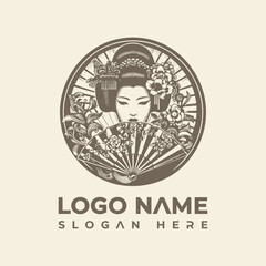 Captivating Japanese Geisha Woman with Traditional Fan and Floral Design Monochrome Logo Vector