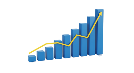 3 D Blue Bar Chart with Yellow Upward Trend Arrow graph data, isolated on white or transparent background. PNG