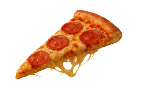 Pepperoni pizza slice lifting, melted cheese stretching, classic italian fast food on transparent background
