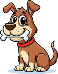 Cartoon dog with bone, happy pet, expressive eyes, red collar, sitting pose, cute character, playful animal, white background, friendly illustration