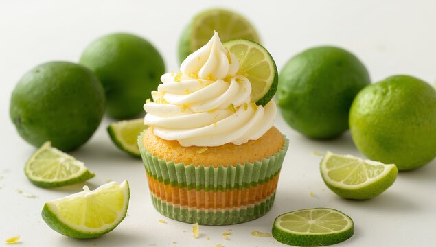 Citrus Swirl Dream. A Culinary Still Life with Lime Accents and Textured Cupcake.