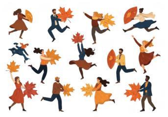 People dancing with autumn leaves and shields, celebrating the season isolated on transparent background