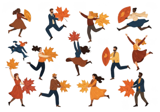 People dancing with autumn leaves and shields, celebrating the season isolated on transparent background