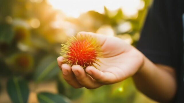 Exotic Rambutan Fruit Held in Hand: Tropical Harvest Close-Up
