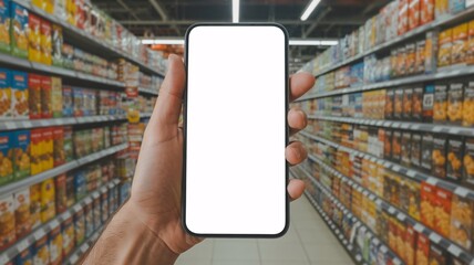 Hand Holding Smartphone with Blank Screen in Supermarket Aisle