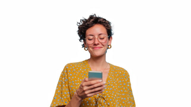 Smiling woman using smartphone wearing glasses and a yellow dress isolated on white background