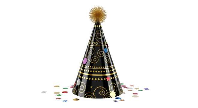 Black party hat with golden pompom and confetti celebration time
