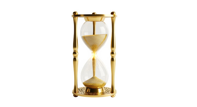 Golden hourglass, a vintage time measuring device with sand flowing