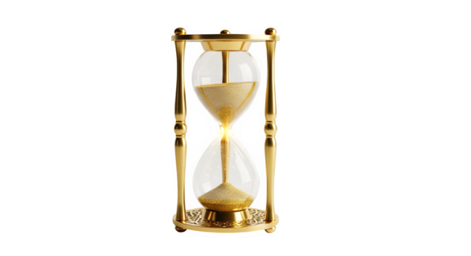 Golden hourglass, a vintage time measuring device with sand flowing