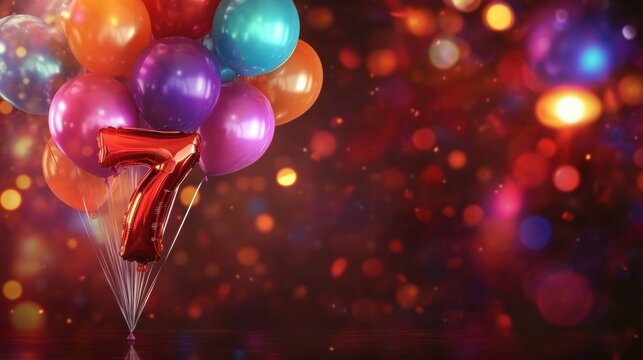A cluster of vibrant balloons in various colors floats above a shiny red number seven, creating a joyful birthday atmosphere