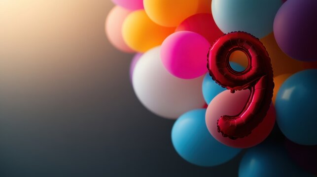 Vibrant assortment of balloons in various colors with a large red number nine, perfect for a festive birthday occasion