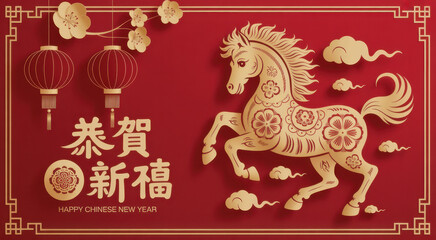 Happy Chinese New Year 2026. Gold horse zodiac and lanterns, cloud on red background. Card design invitation or greeting. Lunar calendar animal. Translation Happy new year, Year of the horse