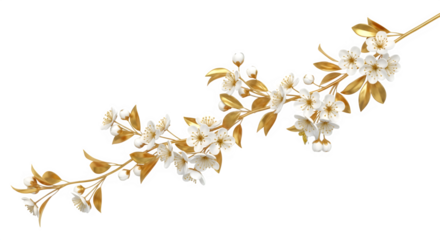Elegant branch of blooming cherry blossoms with golden leaves