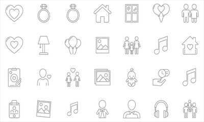 Obraz premium Collection of Line Art Icons Celebrating Love, Home, Relationships, and Various Elements for Design