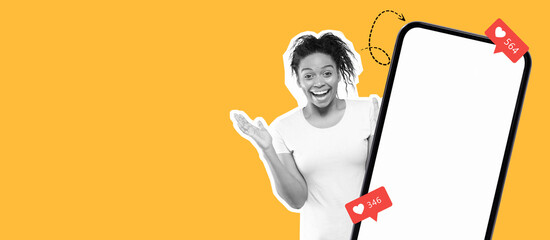 A joyful person expresses excitement and shares a moment with an empty phone screen. Bright yellow backdrop enhances the lively atmosphere, inviting engagement with social media.