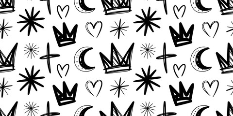 seamless pattern with crown moon and hearts