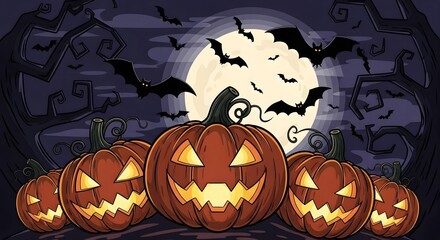 Spooky halloween night with carved pumpkins and bats flying around the full moon