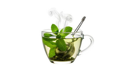 Aromatic mint tea in glass cup with steam