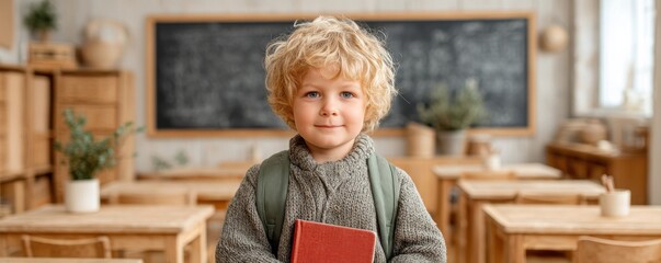 Smiling schoolboy holding a book in a cozy classroom setting
