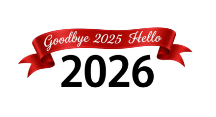 Elegant red ribbon banner with white text saying goodbye 2025 hello isolated on transparent background