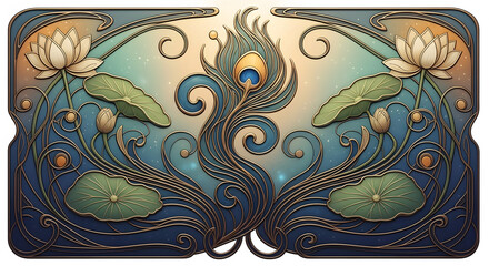 Art nouveau peacock and lotus illustration