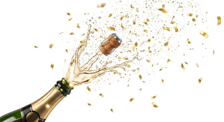 Champagne bottle popping with golden confetti for celebration event
