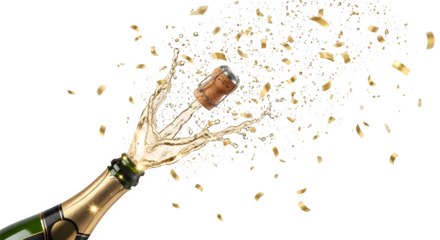 Champagne bottle popping with golden confetti for celebration event