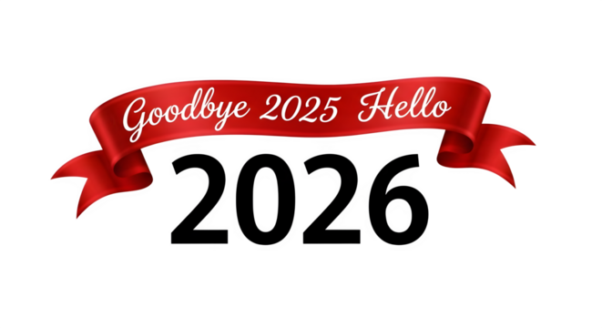 Elegant red ribbon banner with white text saying goodbye 2025 hello isolated on transparent background