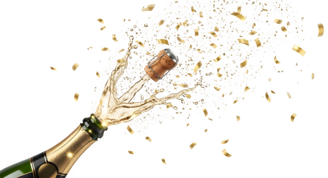 Champagne bottle popping with golden confetti for celebration event