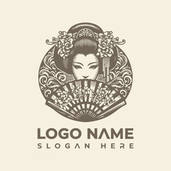 Elegant Japanese Geisha with Fan Traditional Circular Logo Vector Artwork