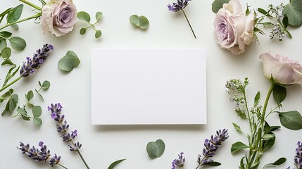Blank white greeting card mockup surrounded by elegant lavender and dusty pink roses. Floral banner design for wedding invitation, Mother's Day, or anniversary with copy space.
