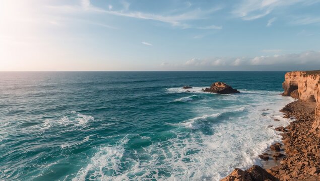 Coastal Vista. Turquoise Waters, Amber Cliffs, and the Endless Horizon Under a Pale Sky.
