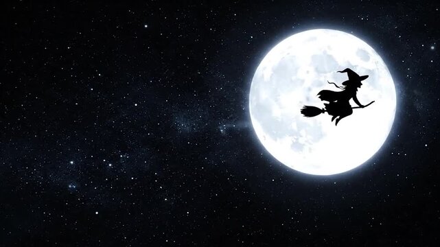 A silhouette of a witch flying on a broom in front of a full moon in a starry night sky