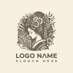 Elegant Japanese Geisha Woman Logo Vector Illustration with Floral Wreath and Fan Design