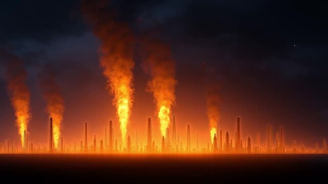 Rows of bright orange flames rise vertically from oil refinery stacks illuminating dark sky with intense heat and motion showing dramatic industrial energy release