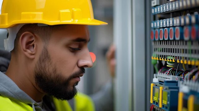A man in a yellow hard hat is working on electrical wires. He is focused on his task and he is in a serious mood