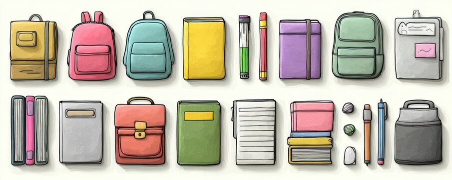 Hand-drawn collection of colorful school supplies and stationery items