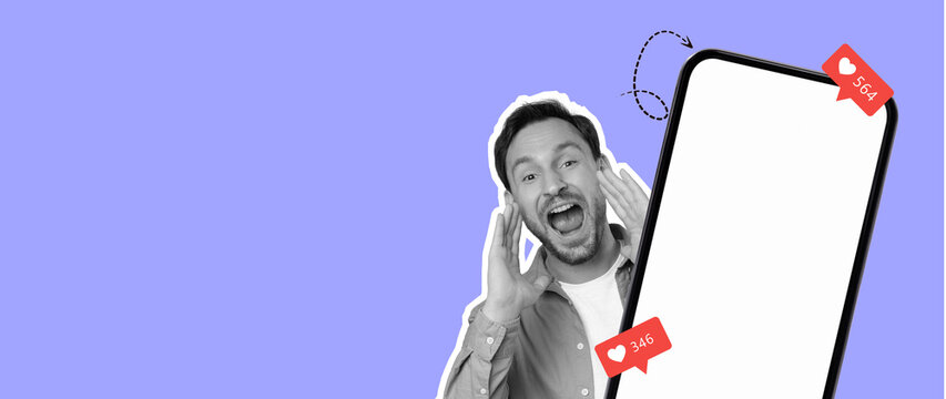 A joyful individual animatedly shouts while holding a large smartphone with an empty screen. Red heart icons with numbers appear, indicating social media interaction. The background is vibrant purple.