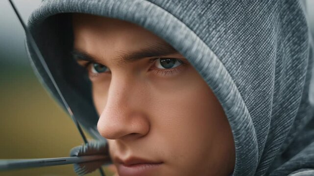 Young male archer wearing gray hoodie focuses while pulling bowstring and aiming arrow outdoors showing calm concentration precision and control