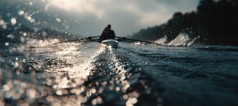 Immersive Rowing Team Perspective with Water Droplets in Natural Light