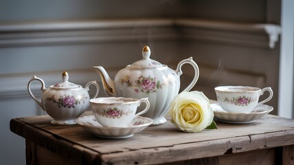 Fototapeta premium A vintage tea set with floral design arranged on a wooden surface with a white rose blossom near it