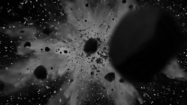 Abstract animation of an exploding object with debris flying in all directions