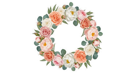 Watercolor floral wreath with roses, peonies and eucalyptus