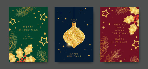 A set of Merry Christmas and Happy New Year greeting cards. A golden tree, holly berries, and stars. Luxurious brochure covers, greetings, posters, and festive vector illustrations.